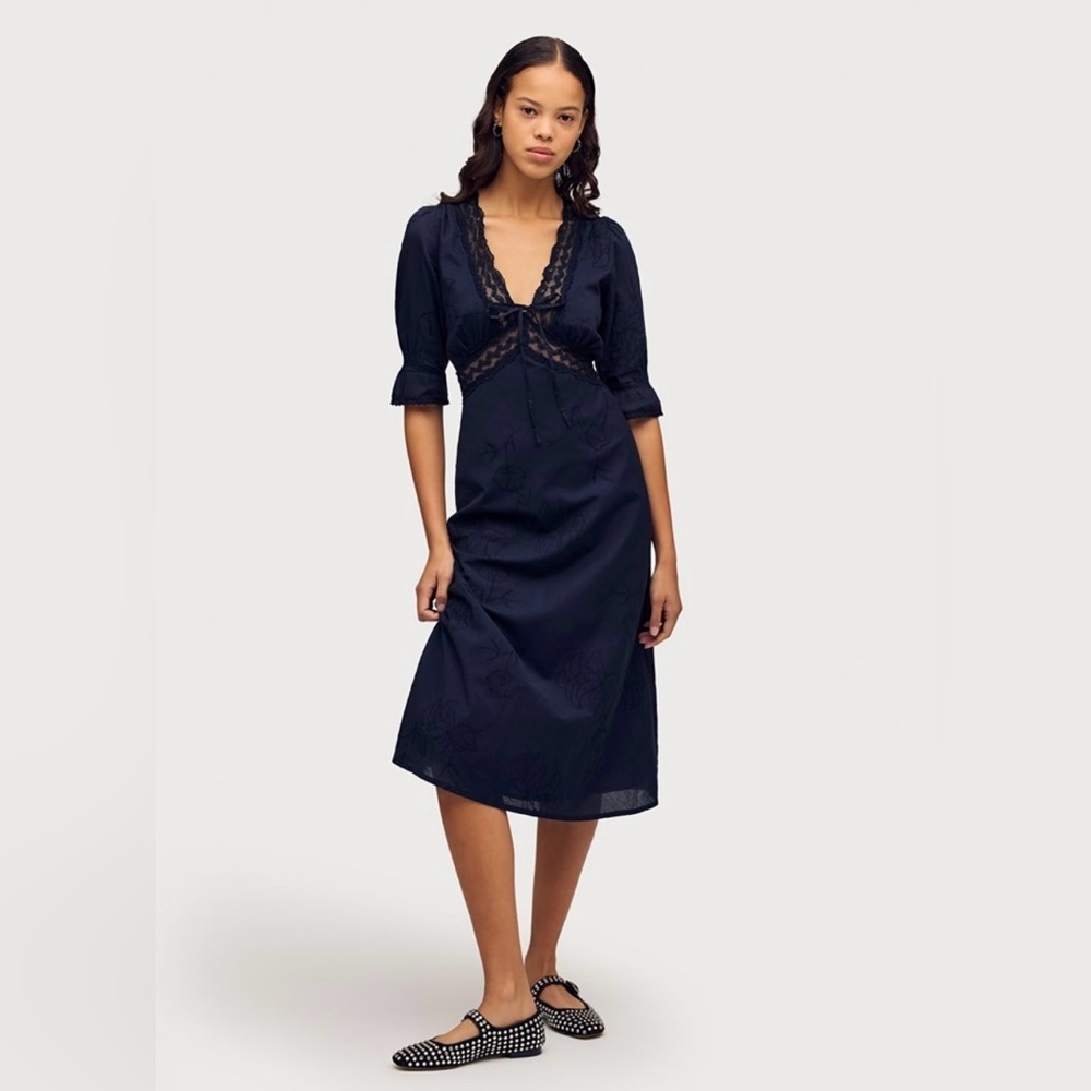 Sam Edelman Dasie Lace Detail A-Line‎ Cotton Midi Dress in Navy Blue Size Medium
